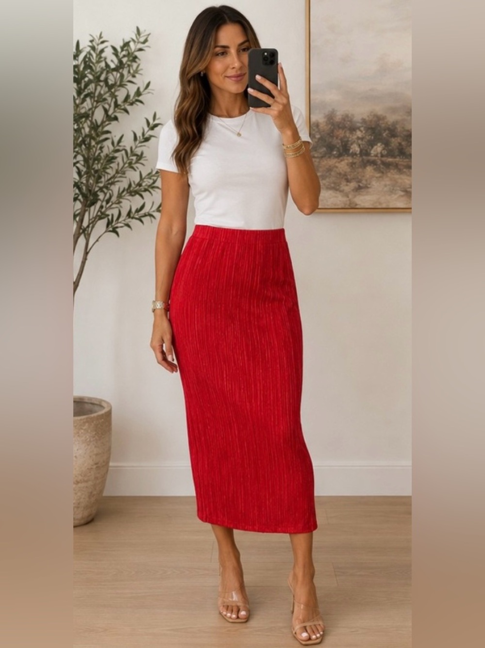 Sunland 17 Red Textured Fitted Midi Skirt